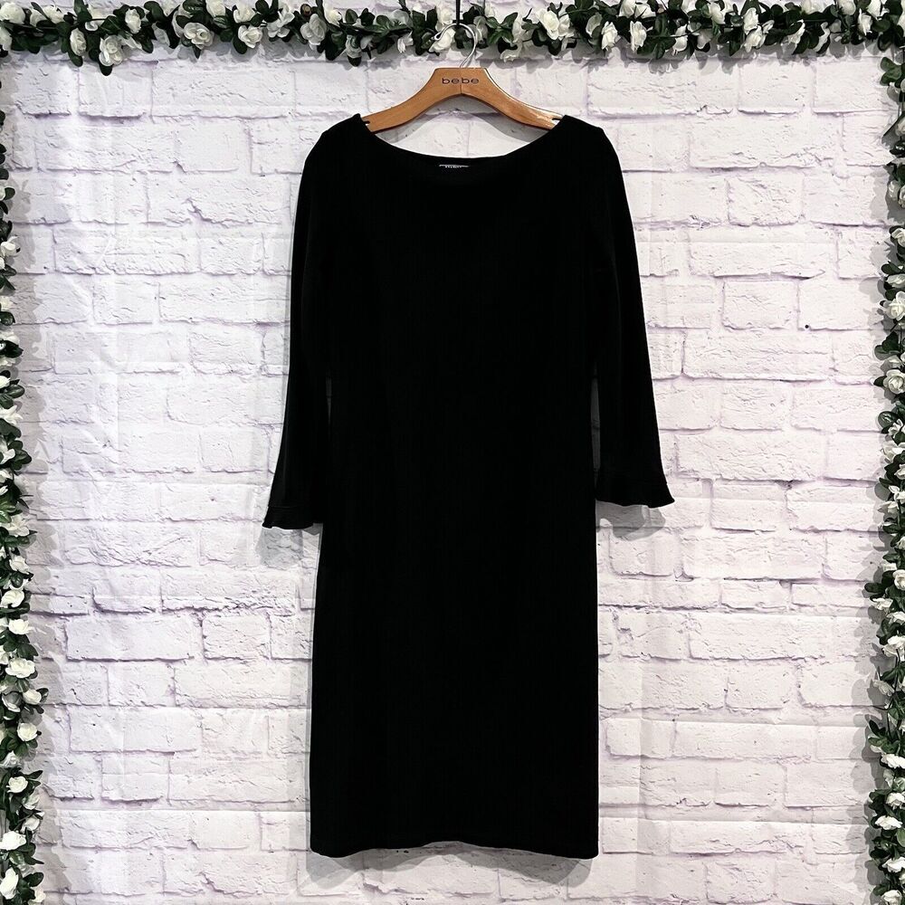 Harold's Size Medium Black Dress 3/4 Ruffle Sleeve Knee Length Vintage Crew Neck